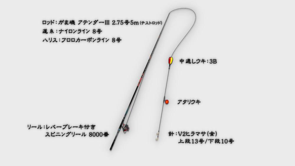 アテンダーⅢ 仕掛け図。ロッド：がま磯 アテンダーⅢ 2.75号5ｍ(テストロッド)、道 糸：ナイロンライン8号、ハリス：フロロカーボンライン 8号、リール：レバーブレーキ付き、中通しウキ：３B、アタリウキ、針：V2ヒラマサ(金)上段13号/下段10号