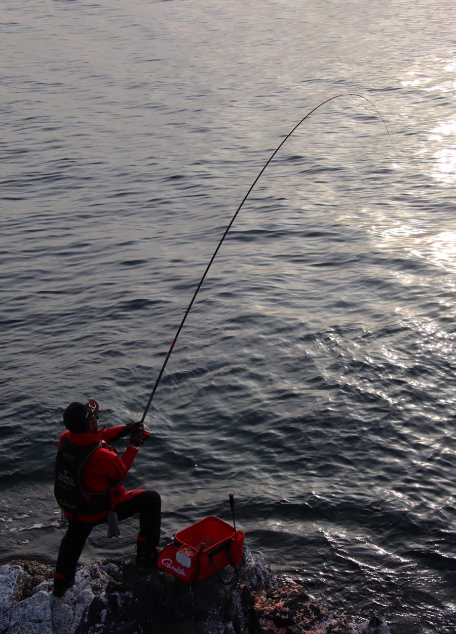 大きくしなる竿を引き、魚とやり取りする南